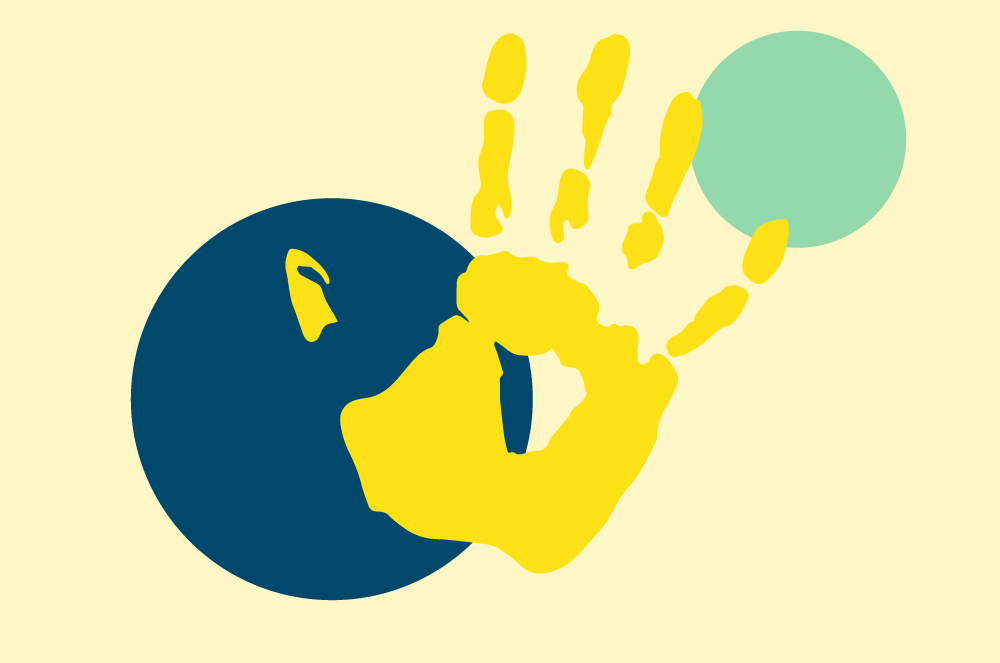 Illustrationen mit zwei Kreisen und einer gelben Hand, Hintergrund gelb