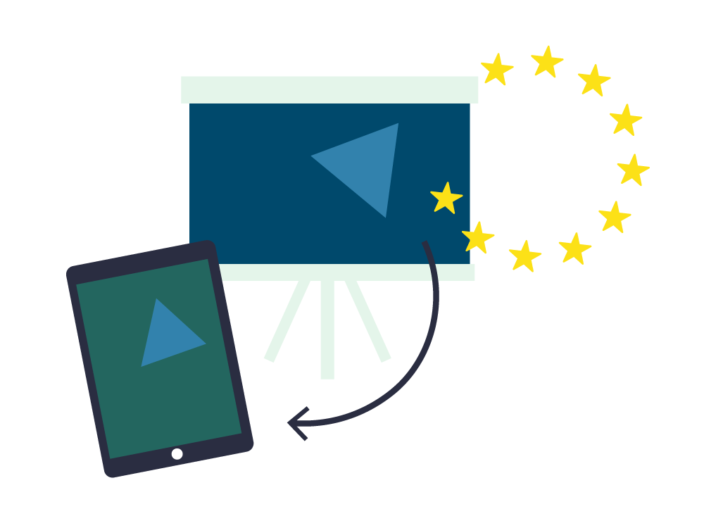 Tablet und ein Smartboard sind durch einen Pfeil verbunden, rechts davon Sterne der Europaflagge